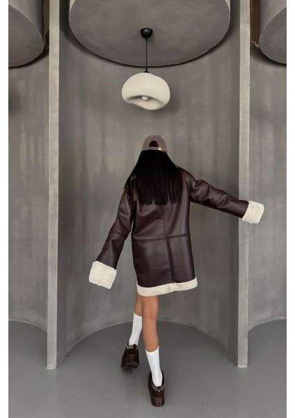 Deri Mont Kol ve Yaka Peluş Kapaksız Cep Detaylı - Kahverengi fırsatları