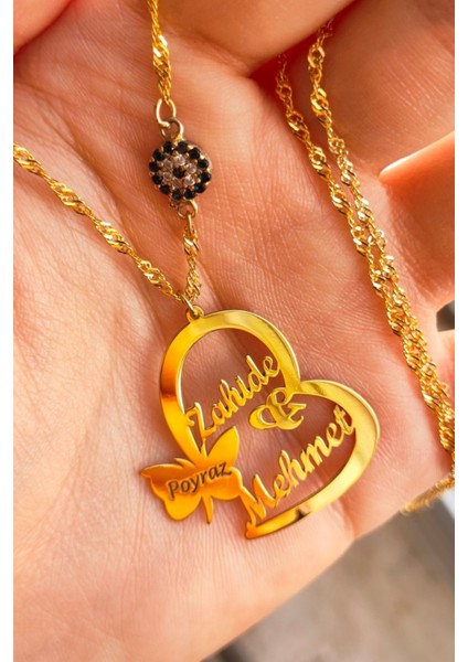 925 Ayar Gümüş 24 Ayar Altın Kaplama Nazar Boncuklu Kelebekli Kalp Kolye