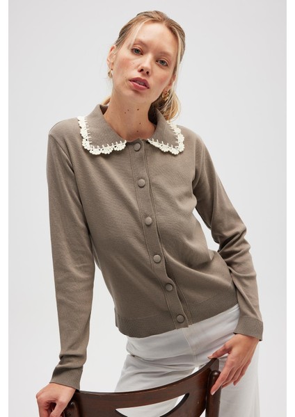 Laila, Düz Örgü, Polo Yaka, Kadın Triko Hırka - Vizon fiyatları