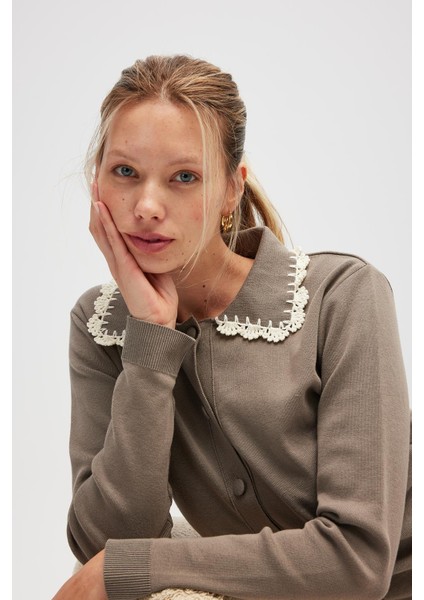 Laila, Düz Örgü, Polo Yaka, Kadın Triko Hırka - Vizon modelleri