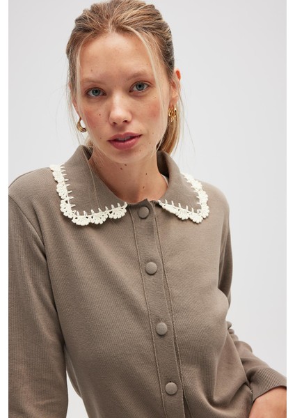 Laila, Düz Örgü, Polo Yaka, Kadın Triko Hırka - Vizon fırsatları