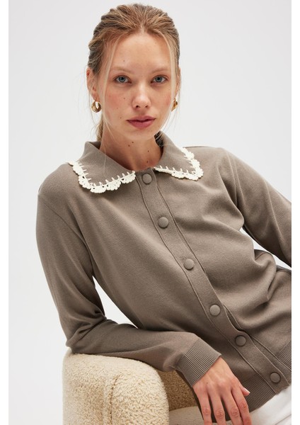 Laila, Düz Örgü, Polo Yaka, Kadın Triko Hırka - Vizon indirimleri