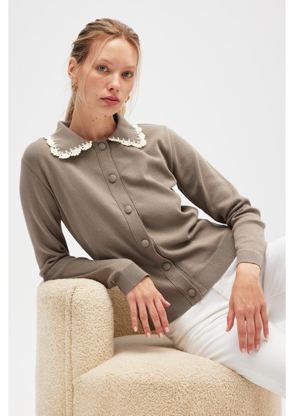 Laila, Düz Örgü, Polo Yaka, Kadın Triko Hırka - Vizon