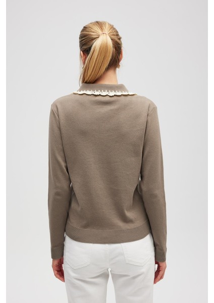 Laila, Düz Örgü, Polo Yaka, Kadın Triko Hırka - Vizon