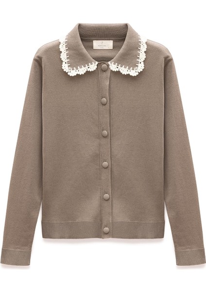 Laila, Düz Örgü, Polo Yaka, Kadın Triko Hırka - Vizon