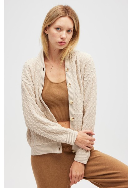 Yvonne Kapüşonlu Cepli Triko Hırka - Bej