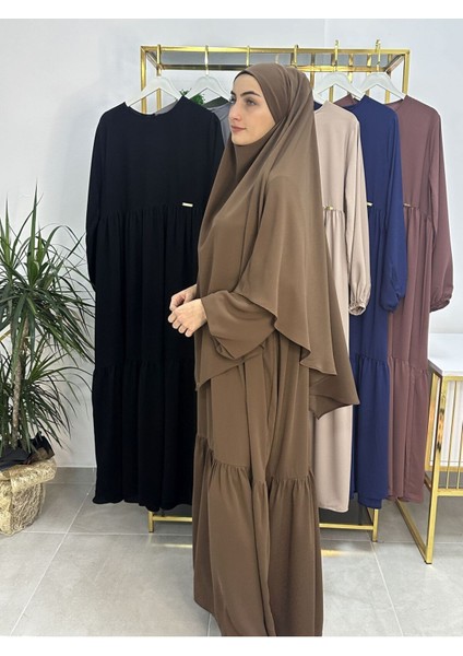Ferace & Abaya Sufle Eşarp ve Iki Kat Büzgülü Elbise Takım.hijab .hac ve Umre Için Uygundur Kahve modelleri