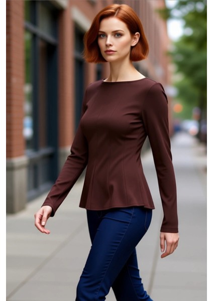 Kadın Peplum Kesim Kayık Yaka Uzun Kollu Örme Bluz Kaliteli Şık Rahat Modern Zarif Günlük