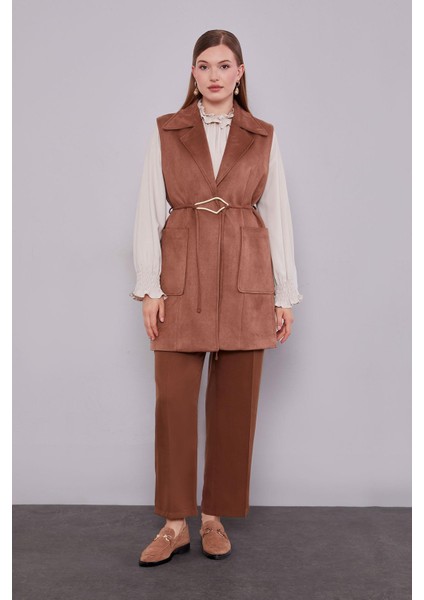 Kahve Süet Kemer Detaylı Yelek fiyatları