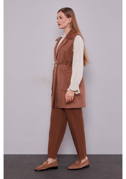 Kahve Süet Kemer Detaylı Yelek modelleri