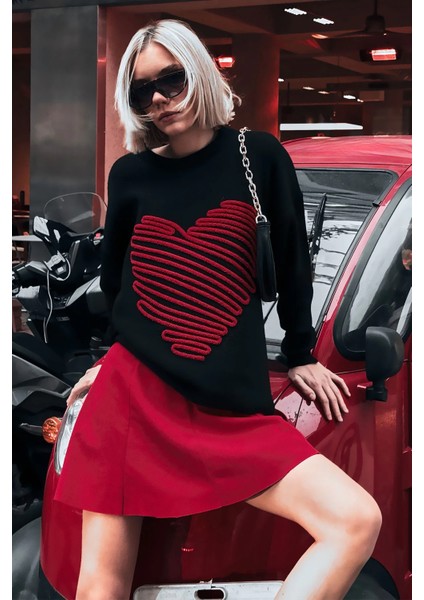 Kadın Kalp Desenli Triko Kazak T3161