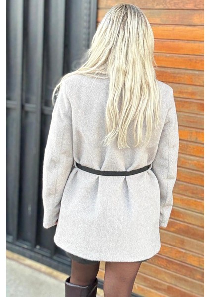 Ekru Siyah Kemerli Cep Detaylı Kadın Ceket fiyatları