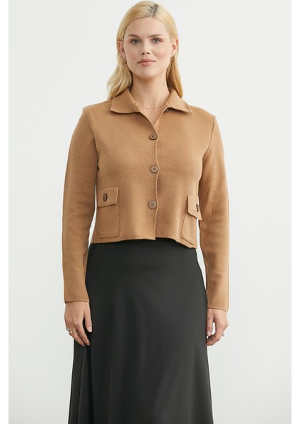 Düğmeli Cep Detaylı Triko Ceket - Karamel