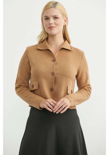 Düğmeli Cep Detaylı Triko Ceket - Karamel fiyatları