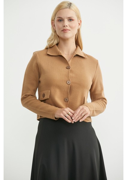 Düğmeli Cep Detaylı Triko Ceket - Karamel modelleri