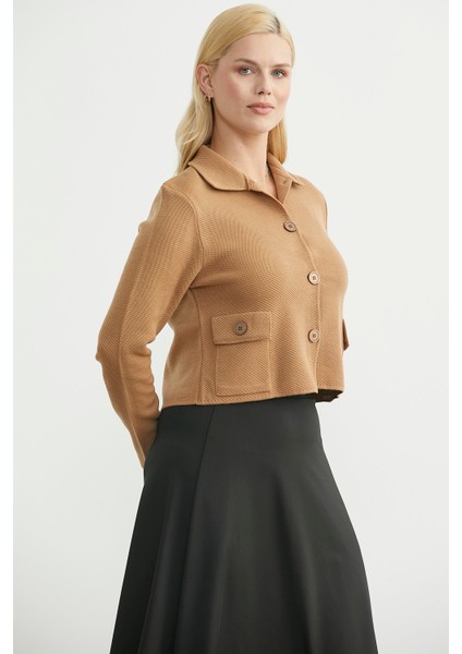 Düğmeli Cep Detaylı Triko Ceket - Karamel indirimleri