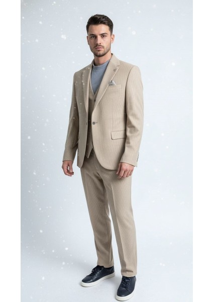 Ekru Fitilli Kadife Erkek Takım Elbise – 3 Parça Yelekli, Şık ve Modern Slim Fit Kesim fiyatları