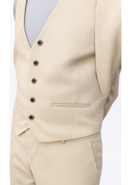 Ekru Fitilli Kadife Erkek Takım Elbise – 3 Parça Yelekli, Şık ve Modern Slim Fit Kesim fırsatları