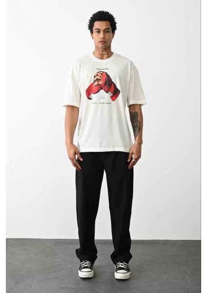 Unisex Baskılı Oversize T-Shirt - Beyaz modelleri