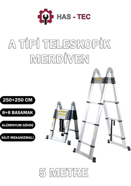 Has-Tec 8+8 Basamaklı Çift Taraflı A Tipi Uzayan Teleskopik Merdiven 5 M