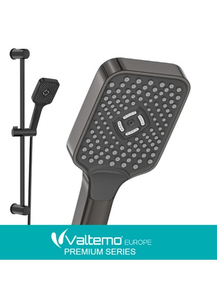 | Valtemo Siyah Sürgülü Duş Seti – Jet Fonksiyonlu, Büyük Boy, Butonlu