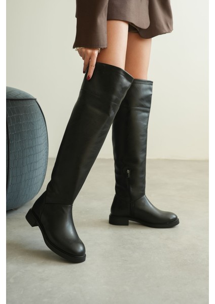 Kadın Goxi Düz Tabanlı Dizüstü Çizme - Siyah-Deri