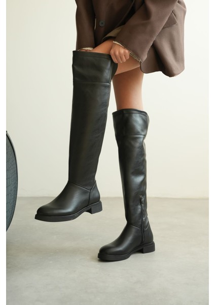 Kadın Goxi Düz Tabanlı Dizüstü Çizme - Siyah-Deri fiyatları