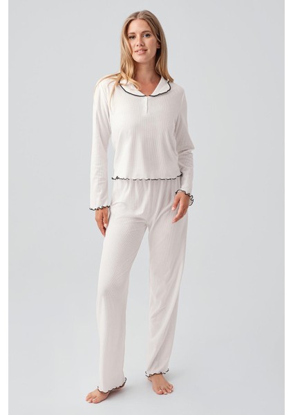 Uzun Kollu Düğmeli Fırfır Dikişli Viskoz Pijama Takım 18212 fiyatları