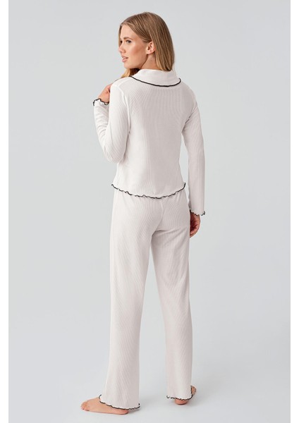 Uzun Kollu Düğmeli Fırfır Dikişli Viskoz Pijama Takım 18212 modelleri