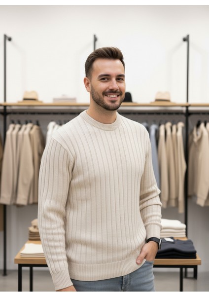 Bej Standart Fit Bisiklet Yaka Triko Kazak