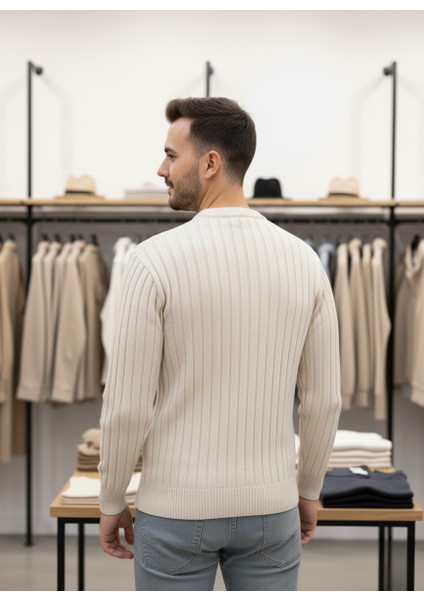 Bej Standart Fit Bisiklet Yaka Triko Kazak modelleri