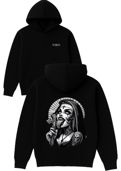 Haçlı Kadın Tasarım Baskılı Oversize Siyah Kapüşonlu Sweatshirt
