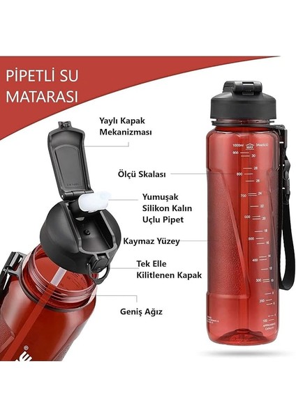 Fiftyfifty Pipetli 1000ML -Büyük Boy- Tritan Su Matarası Kırmızı fiyatları