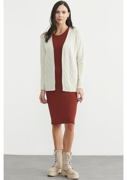 Saç Örgülü Rahat Kalıp Triko Hırka - Taş