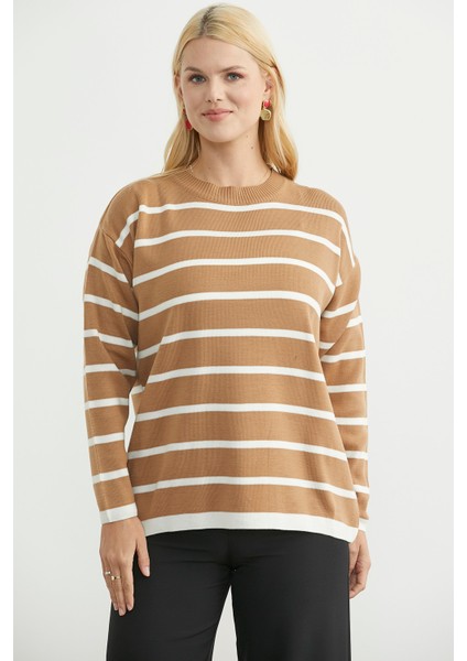 Çizgili Oversize Basic Triko Kazak - Karamel