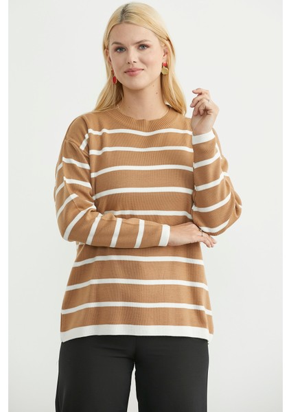 Çizgili Oversize Basic Triko Kazak - Karamel fiyatları