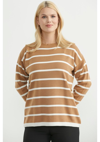 Çizgili Oversize Basic Triko Kazak - Karamel modelleri