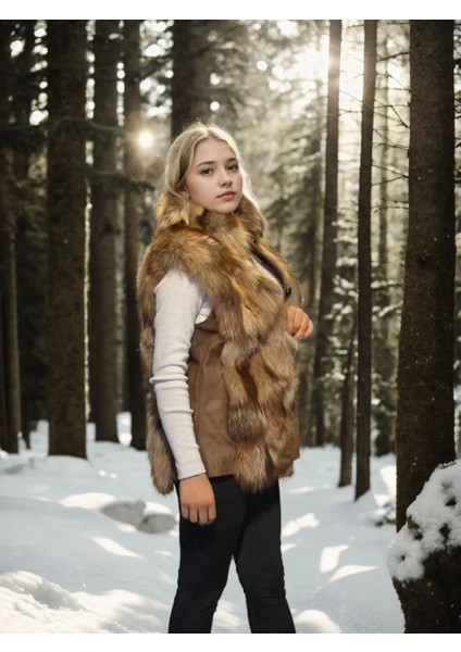 Kadın Kolsuz Hakiki Deri Kürk - Kahve indirimleri