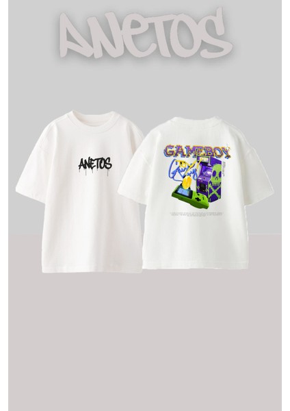 Game Bot Tasarım Sırt Baskılı Pamuk Beyaz Oversize T-Shirt