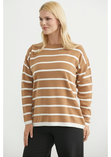 Çizgili Oversize Basic Triko Kazak - Karamel fırsatları