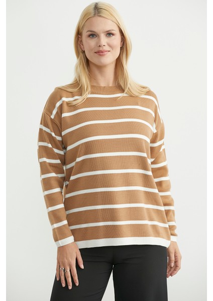 Çizgili Oversize Basic Triko Kazak - Karamel indirimleri