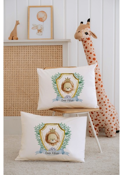 %100 Pamuk Isme Özel 2li Ekru Bebek Yastık Kılıfı 35X45 Cm-Aslan