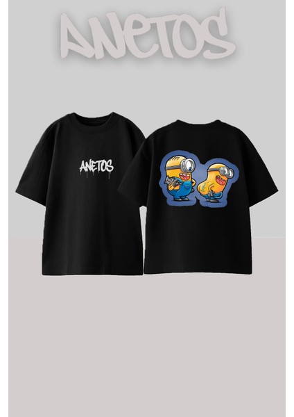 Minions 2 Tasarım Sırt Baskılı Pamuk Siyah Oversize T-Shirt