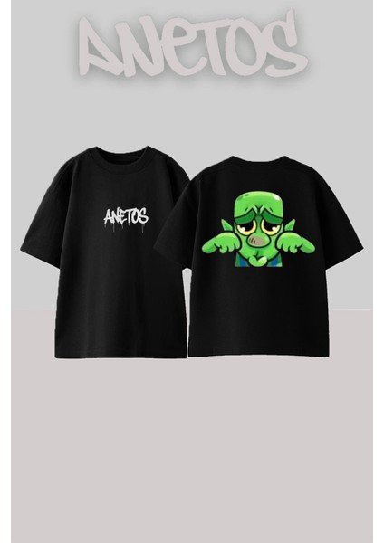 Goblin Emoji Tasarım Sırt Baskılı Pamuk Siyah Oversize T-Shirt