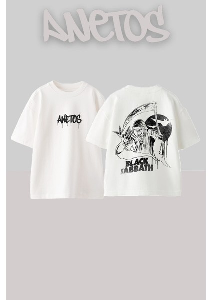 Black Sabbath 5 Tasarım Sırt Baskılı Pamuk Beyaz Oversize T-Shirt
