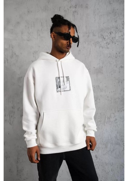 Erkek Ön Arka Baskılı Kapşonlu Sweat - Beyaz indirimleri