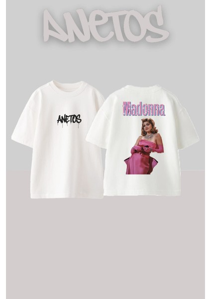 Madonna 5 Tasarım Sırt Baskılı Pamuk Beyaz Oversize T-Shirt