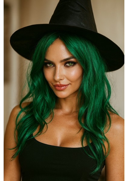Doğal Yeşil Dalgalı Kadın Peruk ve Siyah Keçe Cadı Şapkası Kostüm Seti