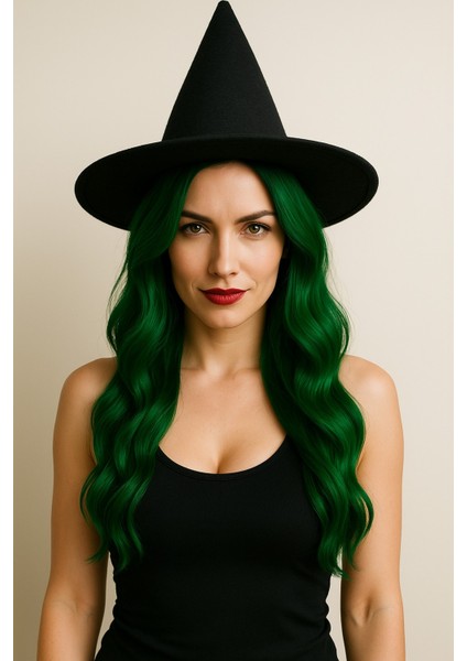 Doğal Yeşil Dalgalı Kadın Peruk ve Siyah Keçe Cadı Şapkası Kostüm Seti modelleri