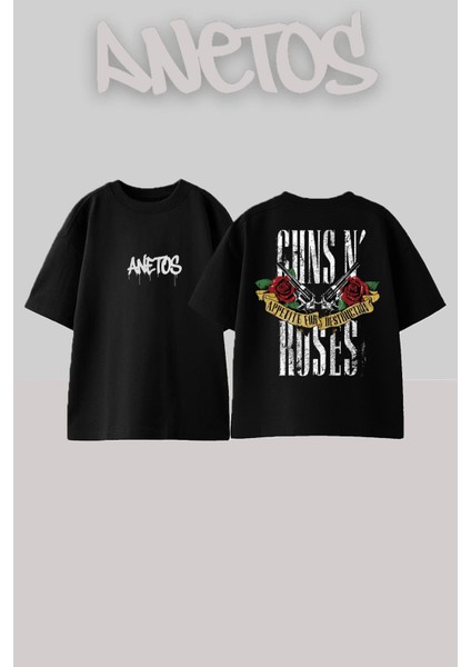 Guns N' Roses 5 Tasarım Sırt Baskılı Pamuk Siyah Oversize T-Shirt
